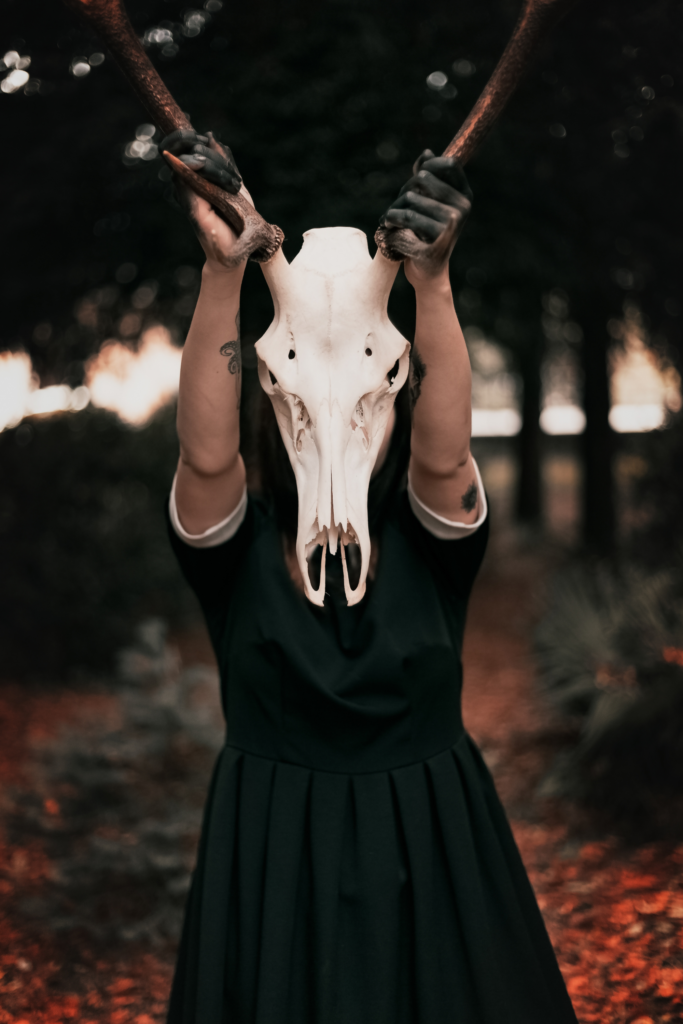 person wearing black dress while holding skull mask with horns