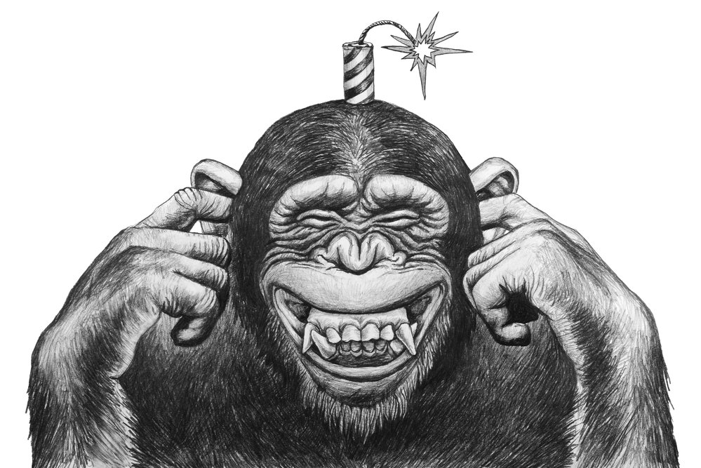 Monkey with firecrackers on the head. Pencil drawing illustration.