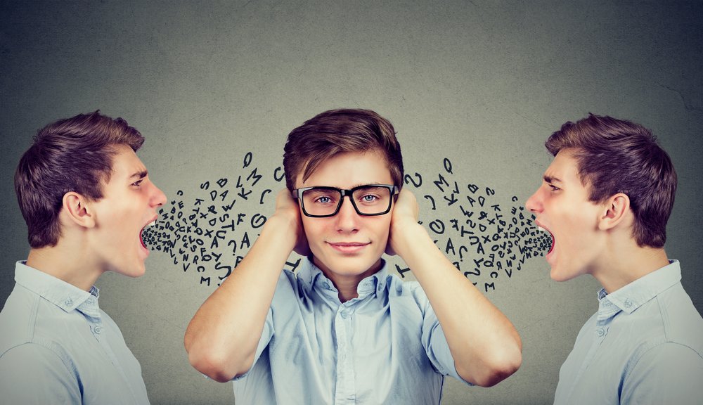 Two angry men screaming at peaceful guy covering his ears with hands ignoring them, alphabet letters coming out of mouth.